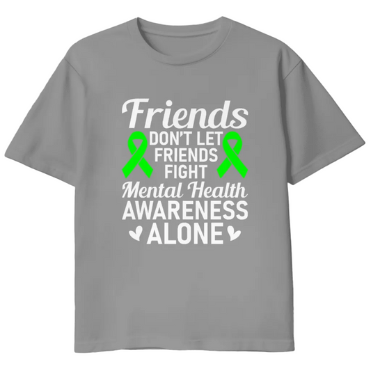 Gray t-shirt with mental health awareness message and green ribbons on a light white
background