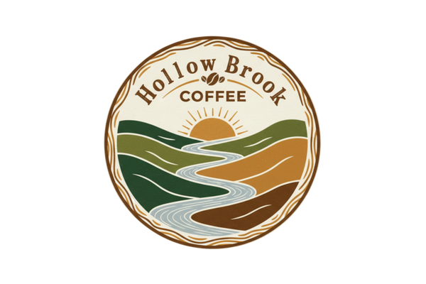 Need a logo with the Name Hollow Brook Coffee with an outdoor setting with stream and hills